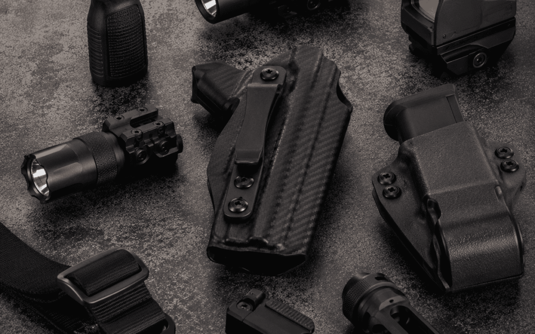 defensive firearm accessories displayed on a dark textured surface, featuring tactical lights, optics, holsters, sling hardware, and precision-engineered performance components arranged in a professional product layout.